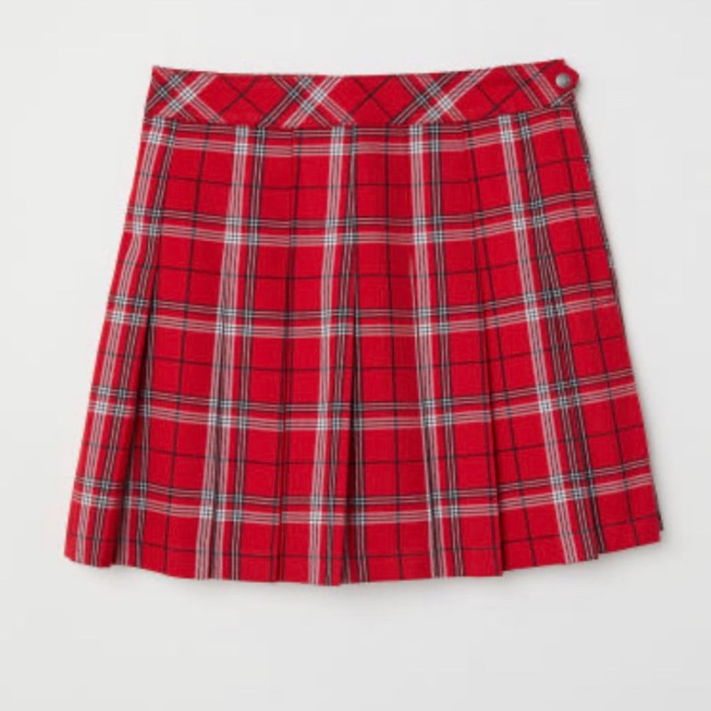 H&M Red Plaid Pleated High Waste Skirt